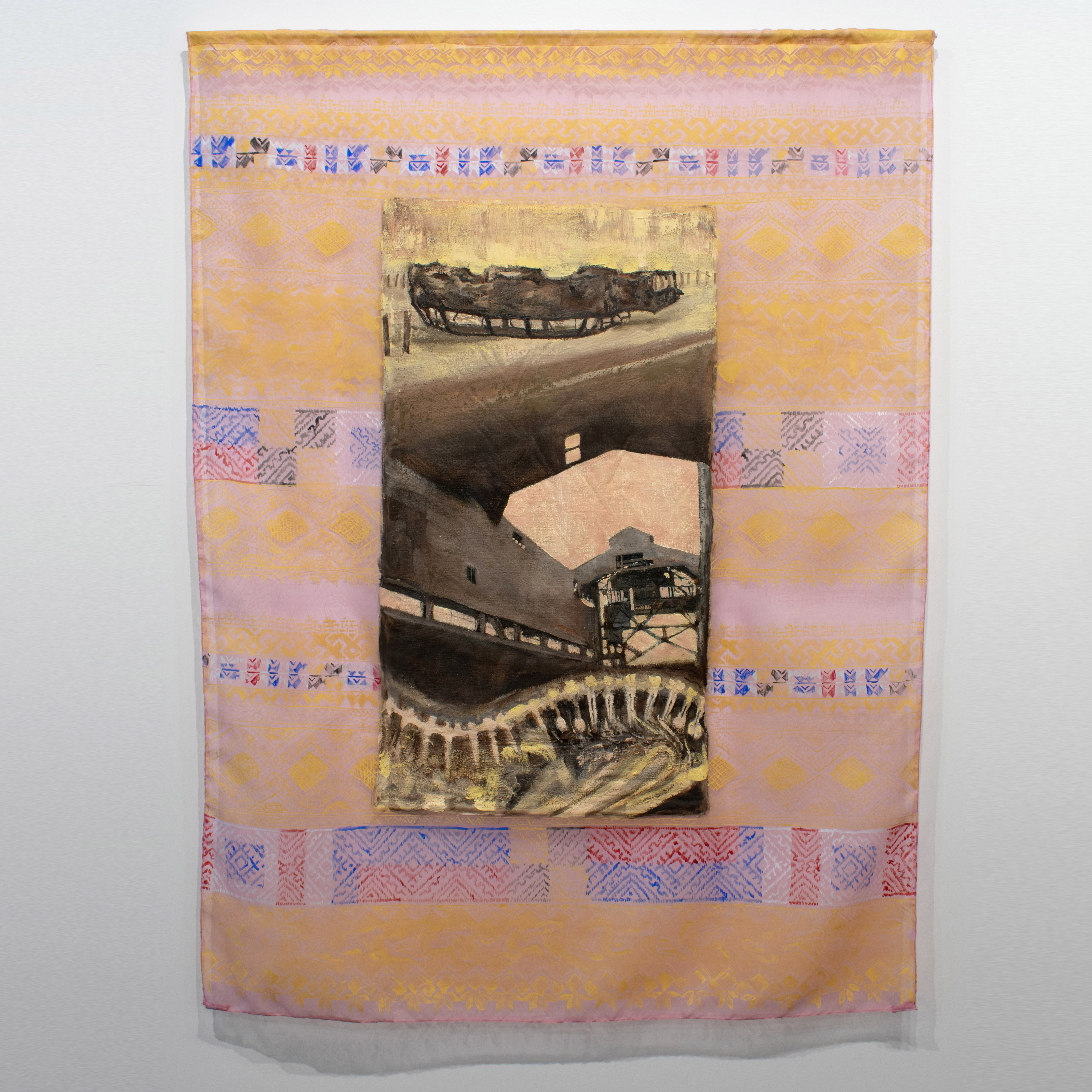 Steel (car/Jones & Laughlin/spine), 2025, oil, acrylic on organza fabric, 47 x 34 in.